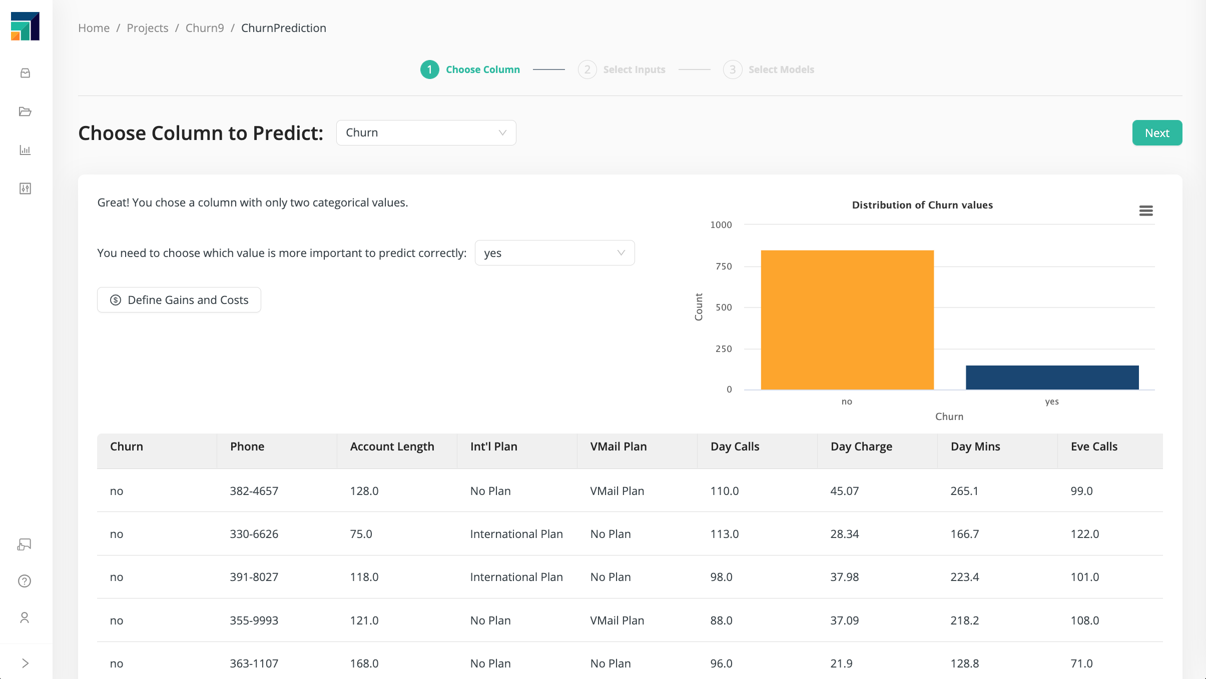 Choose column Churn